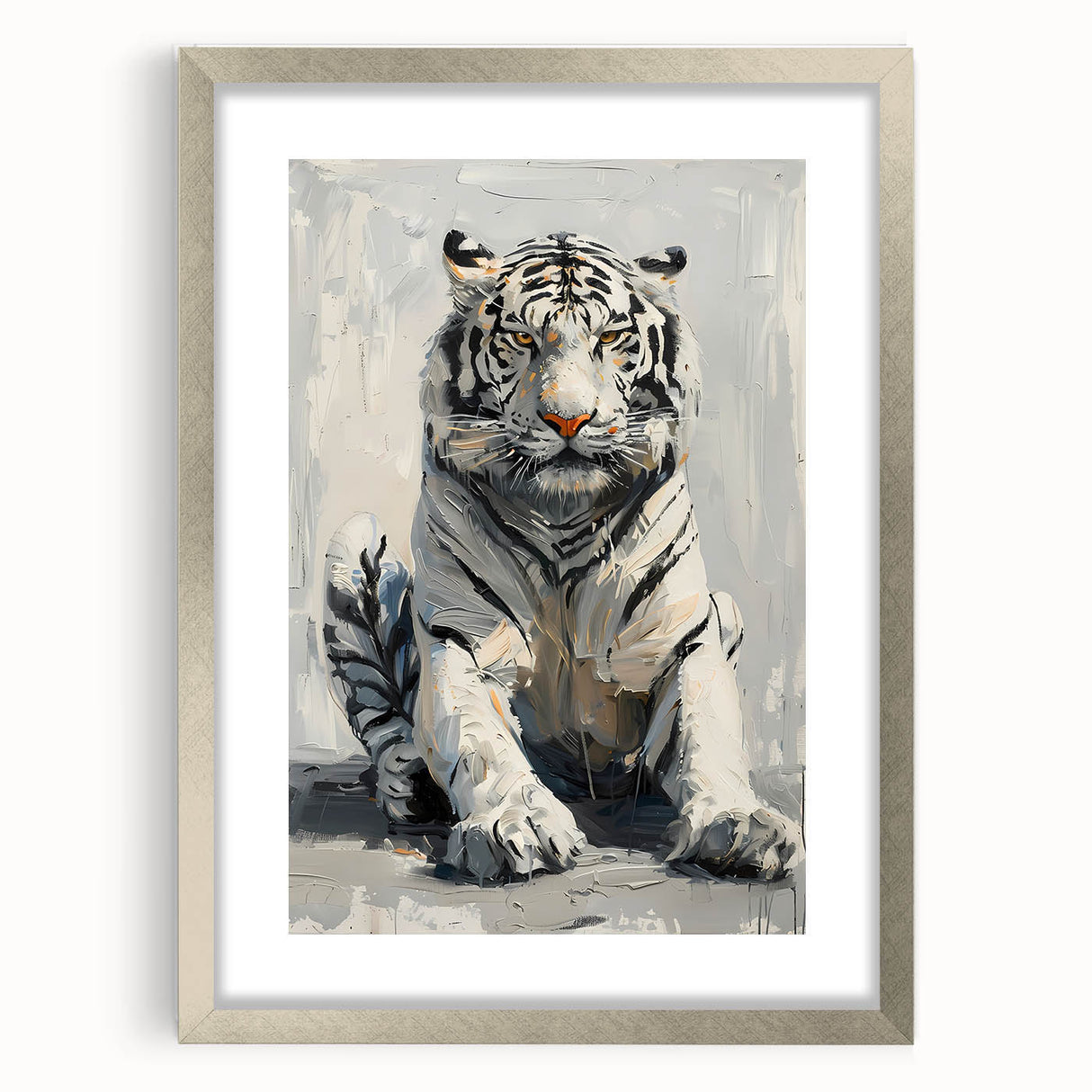 Framed wall art collection featuring a striking tiger design in silver and white, showcasing the majestic animal against a textured mat background, ideal for wildlife enthusiasts.