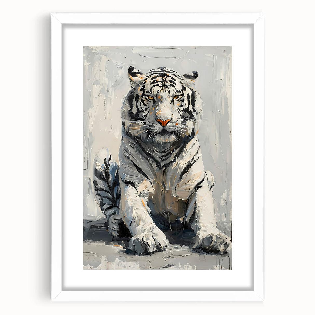 Framed wall art collection showcasing a striking tiger design with a white mat, perfect for wildlife enthusiasts. Ideal for adding vibrant decor to any room.