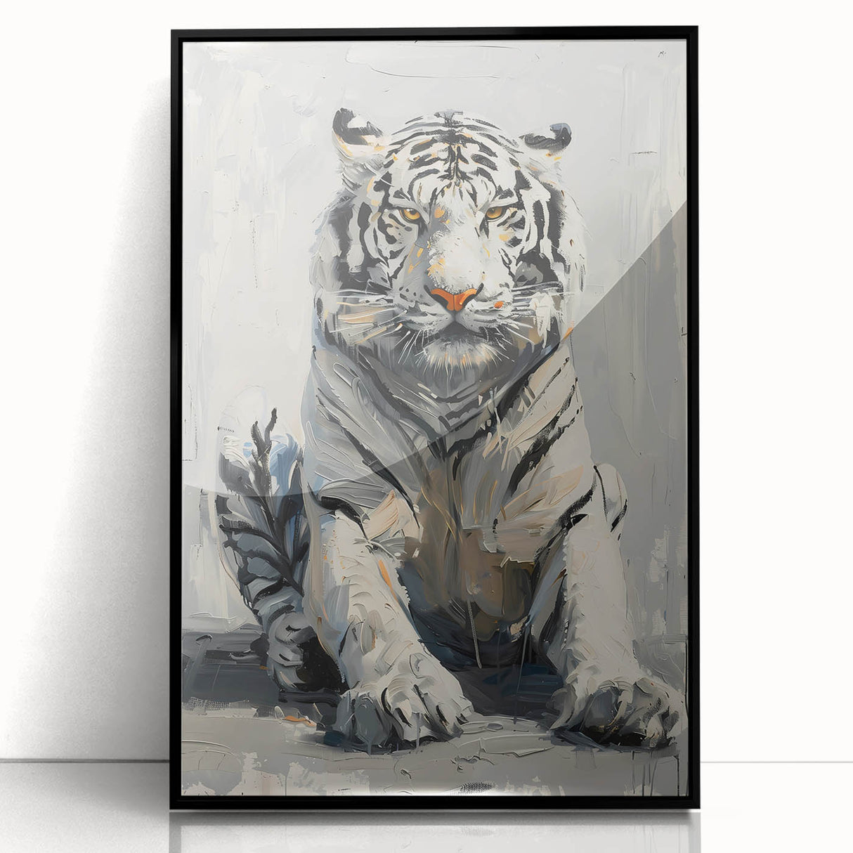 Framed wall art featuring a striking tiger design in vibrant colors, showcasing intricate details and a sleek black frame, perfect for animal lovers and home decor enthusiasts.