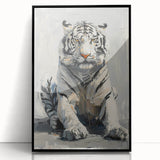 Framed wall art featuring a striking tiger design in vibrant colors, showcasing intricate details and a sleek black frame, perfect for animal lovers and home decor enthusiasts.