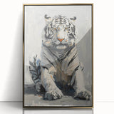 Framed wall art showcasing a striking tiger design in vibrant colors, featuring a gold-accented acrylic front for a luxe finish, perfect for animal lovers and home decor enthusiasts.