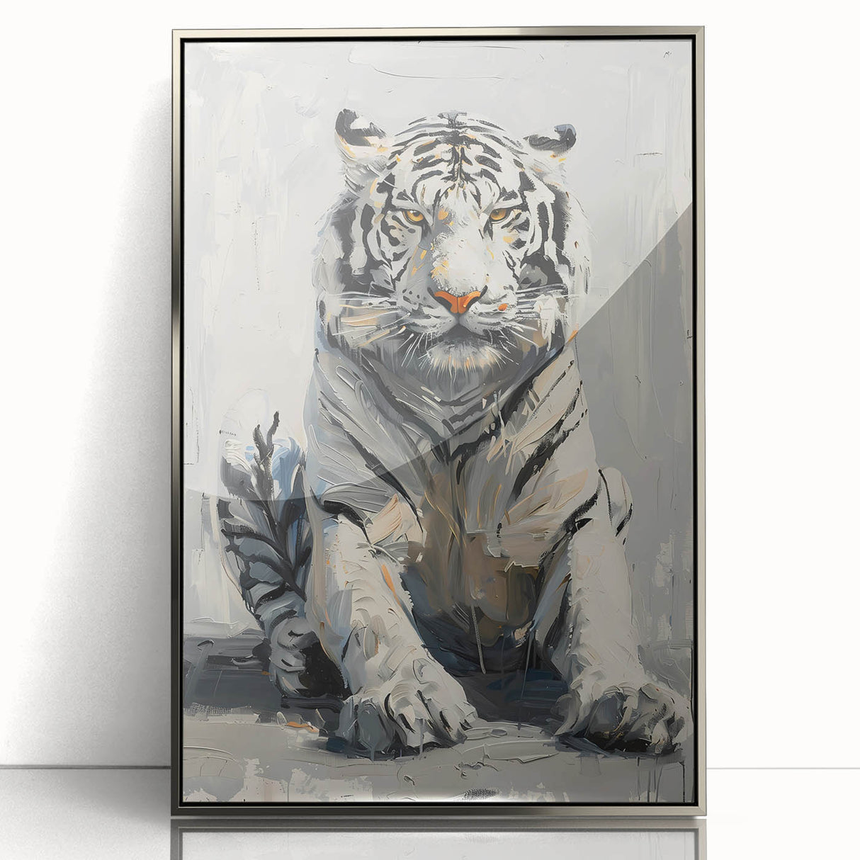 Framed wall art showcasing a striking tiger design on acrylic, featuring a silver border, perfect for adding a bold wildlife touch to any room decor.