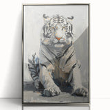 Framed wall art showcasing a striking tiger design on acrylic, featuring a silver border, perfect for adding a bold wildlife touch to any room decor.