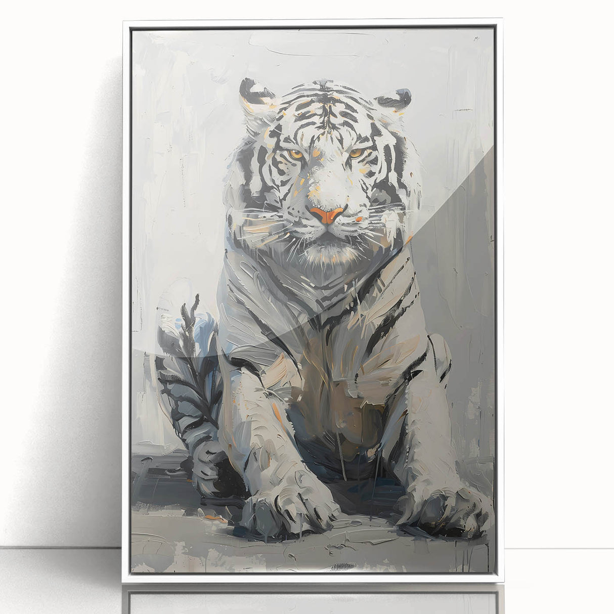 Framed wall art featuring a striking tiger design in vibrant colors, displayed with a white frame, perfect for adding wildlife flair to home decor.