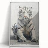 Framed wall art featuring a striking tiger design in vibrant colors, displayed with a white frame, perfect for adding wildlife flair to home decor.