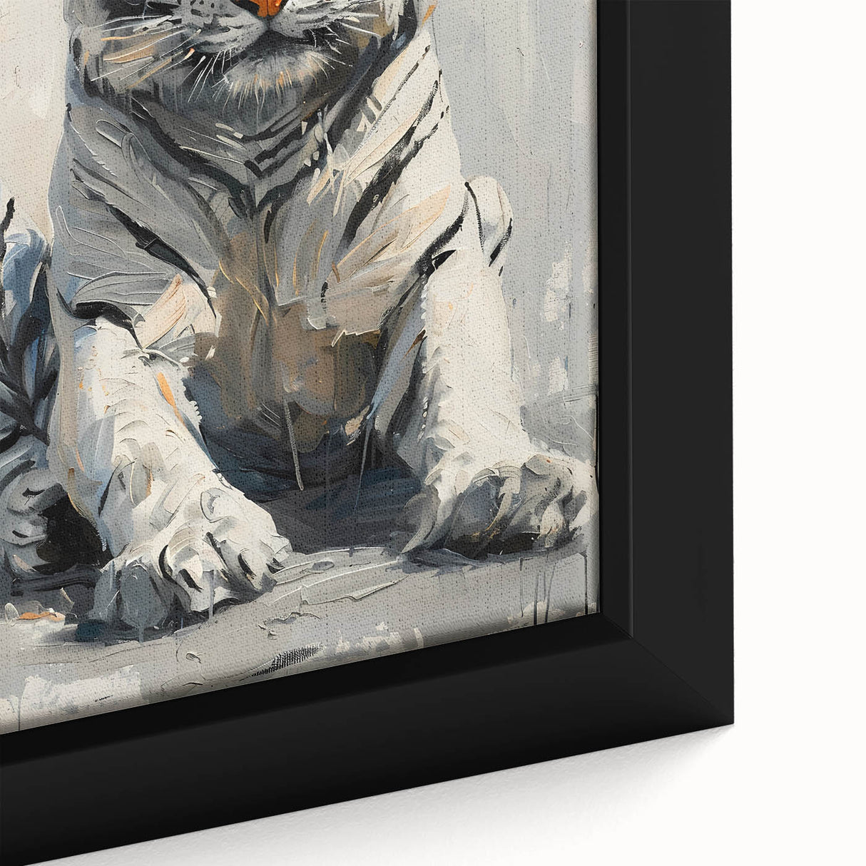 Close-up of a framed canvas wall art featuring a vibrant tiger design, showcasing intricate details and rich colors, perfect for wildlife enthusiasts and home decor.