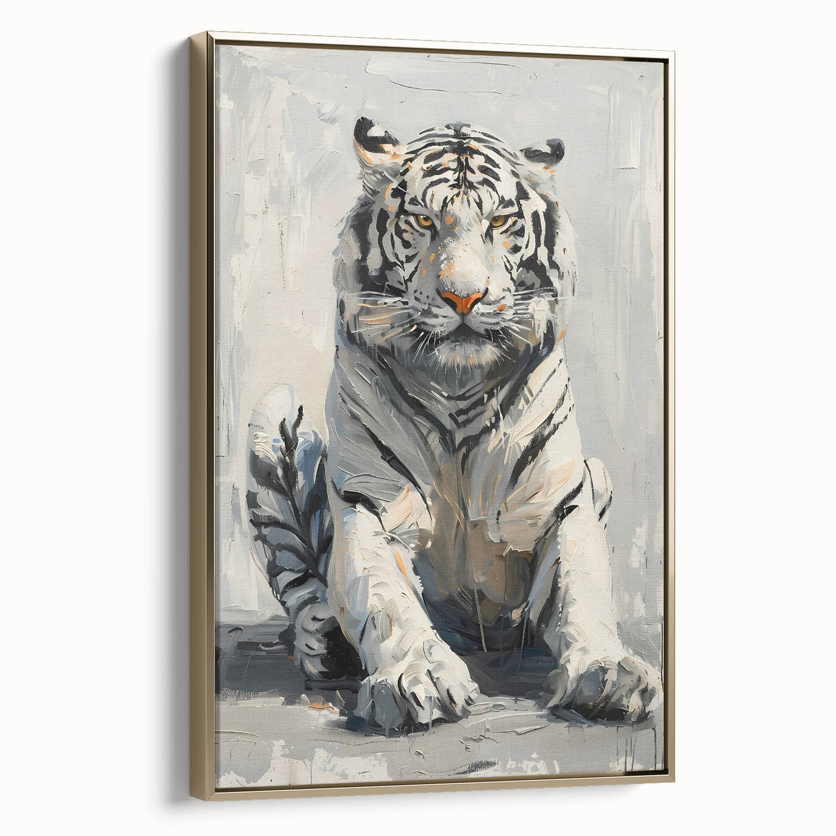 Framed canvas wall art showcasing a majestic tiger in a vibrant gold design, set against a neutral background, ideal for animal lovers and home decor enthusiasts.