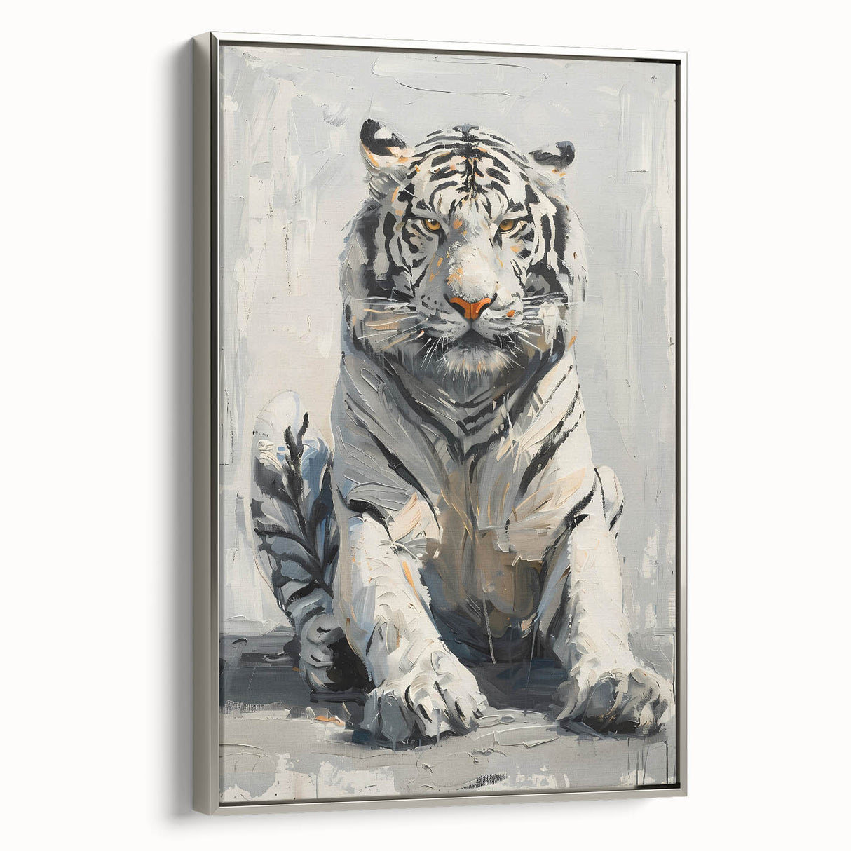Framed canvas wall art featuring a striking tiger design in vibrant colors, showcasing intricate details and a sleek silver frame, perfect for wildlife enthusiasts.