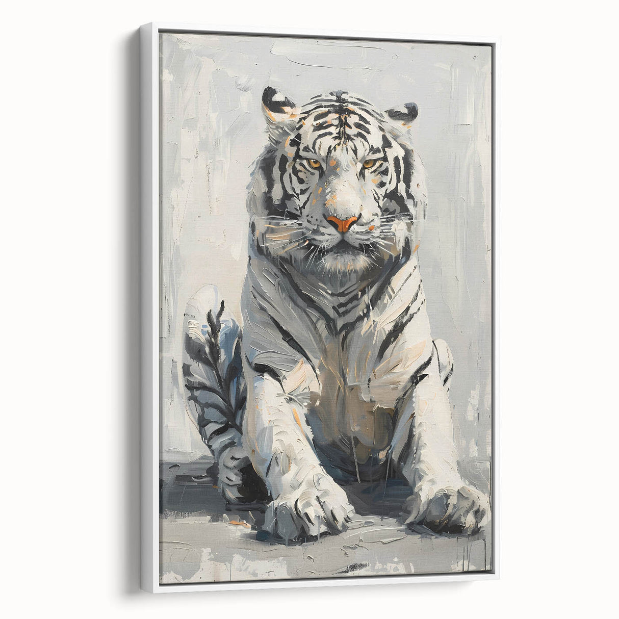 Framed wall art featuring a striking tiger design in vibrant colors, showcasing the wild beauty of nature with a white border, perfect for animal lovers.
