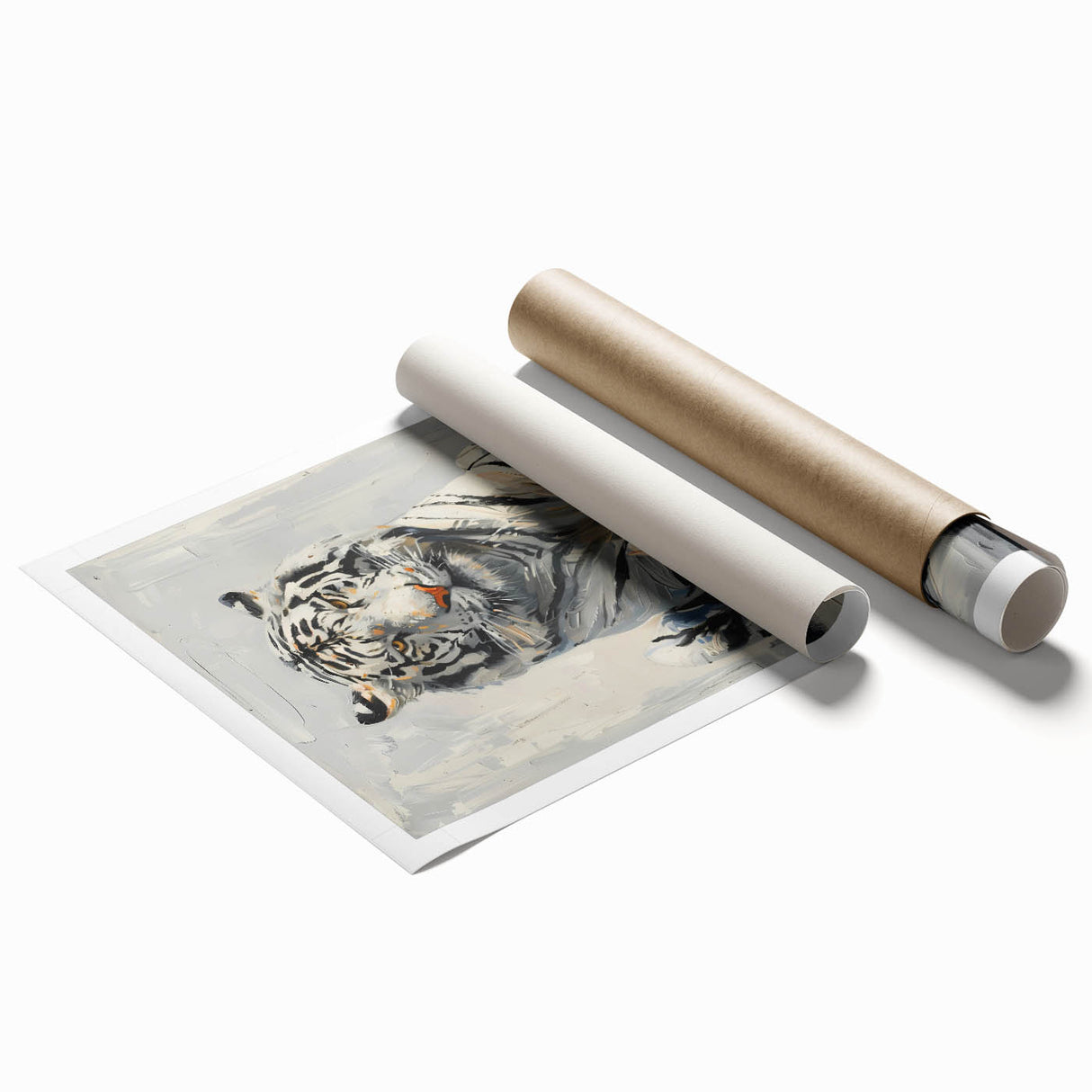 Vibrant rolled wall art print showcasing a majestic tiger design, featuring rich colors and intricate details, perfect for wildlife enthusiasts and home decor.