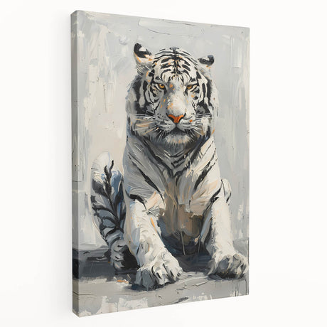 Stretched canvas wall art featuring a vibrant side view of a majestic tiger in a lush jungle setting, perfect for wildlife enthusiasts and home décor.