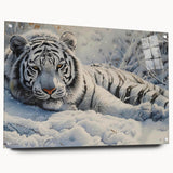 Detailed wall art featuring a vibrant tiger design, displayed in an acrylic glass frame with pins, showcasing its vivid colors and intricate details against a clean background, perfect for wildlife enthusiasts and modern decor.