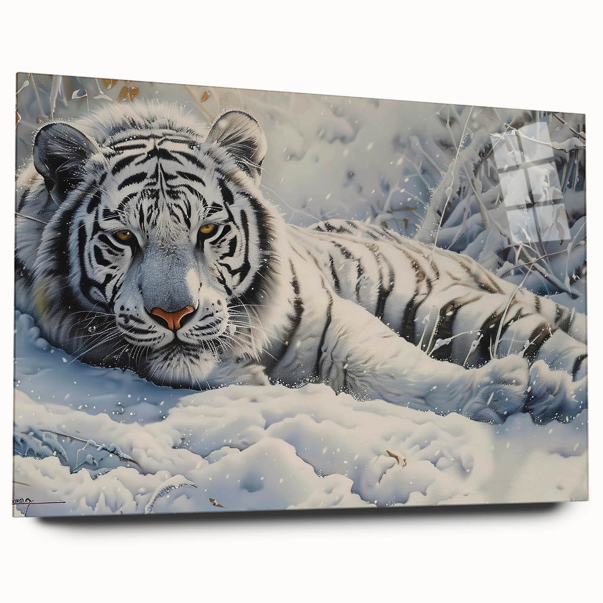Vibrant acrylic wall art featuring a striking side view of a tiger in a wild setting, showcasing intricate details and bold colors, perfect for animal lovers and home decor enthusiasts.