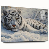 Vibrant acrylic wall art featuring a striking side view of a tiger in a wild setting, showcasing intricate details and bold colors, perfect for animal lovers and home decor enthusiasts.