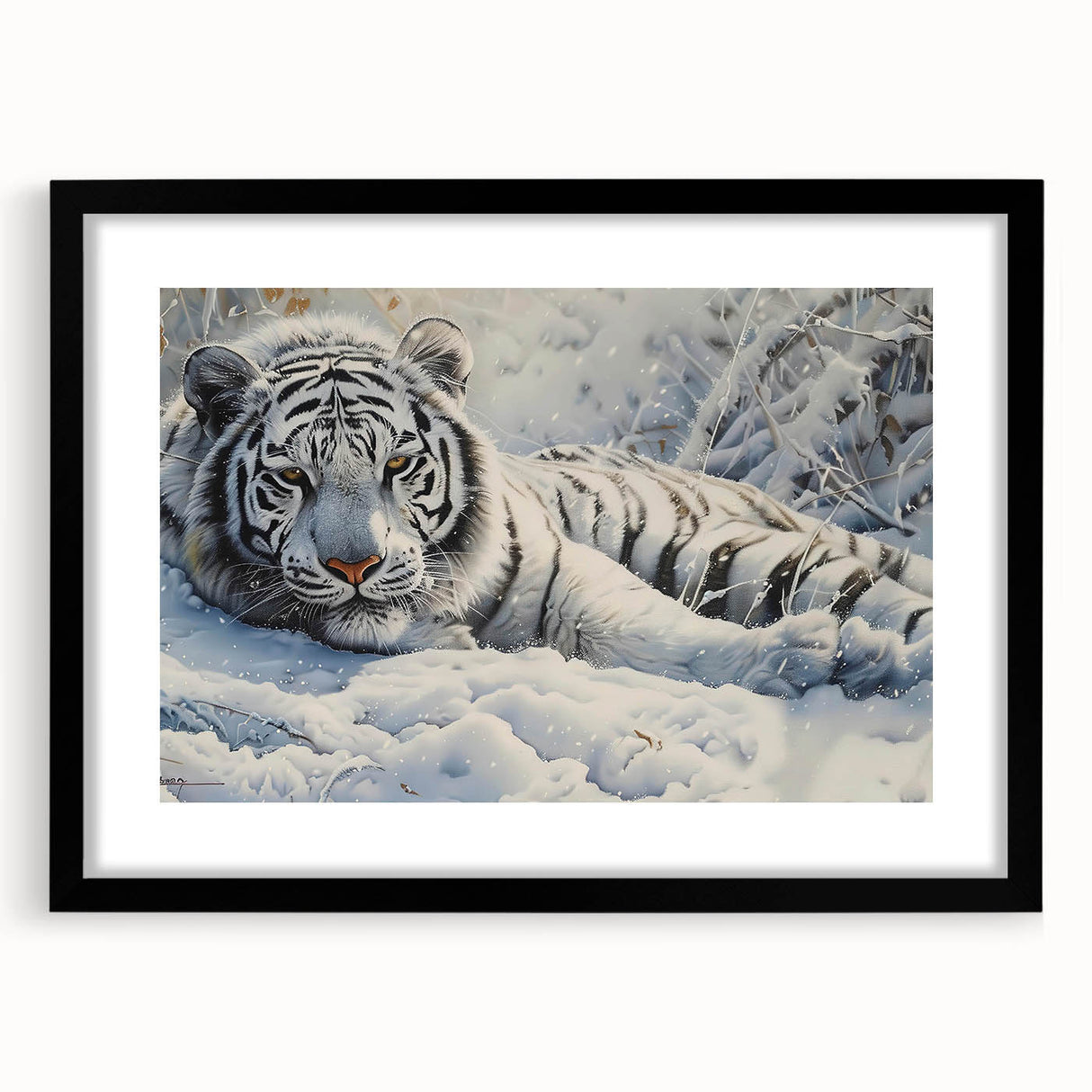 Framed wall art collection featuring a majestic tiger design, showcasing vibrant colors with a black mat and frame, perfect for wildlife enthusiasts and home decor.