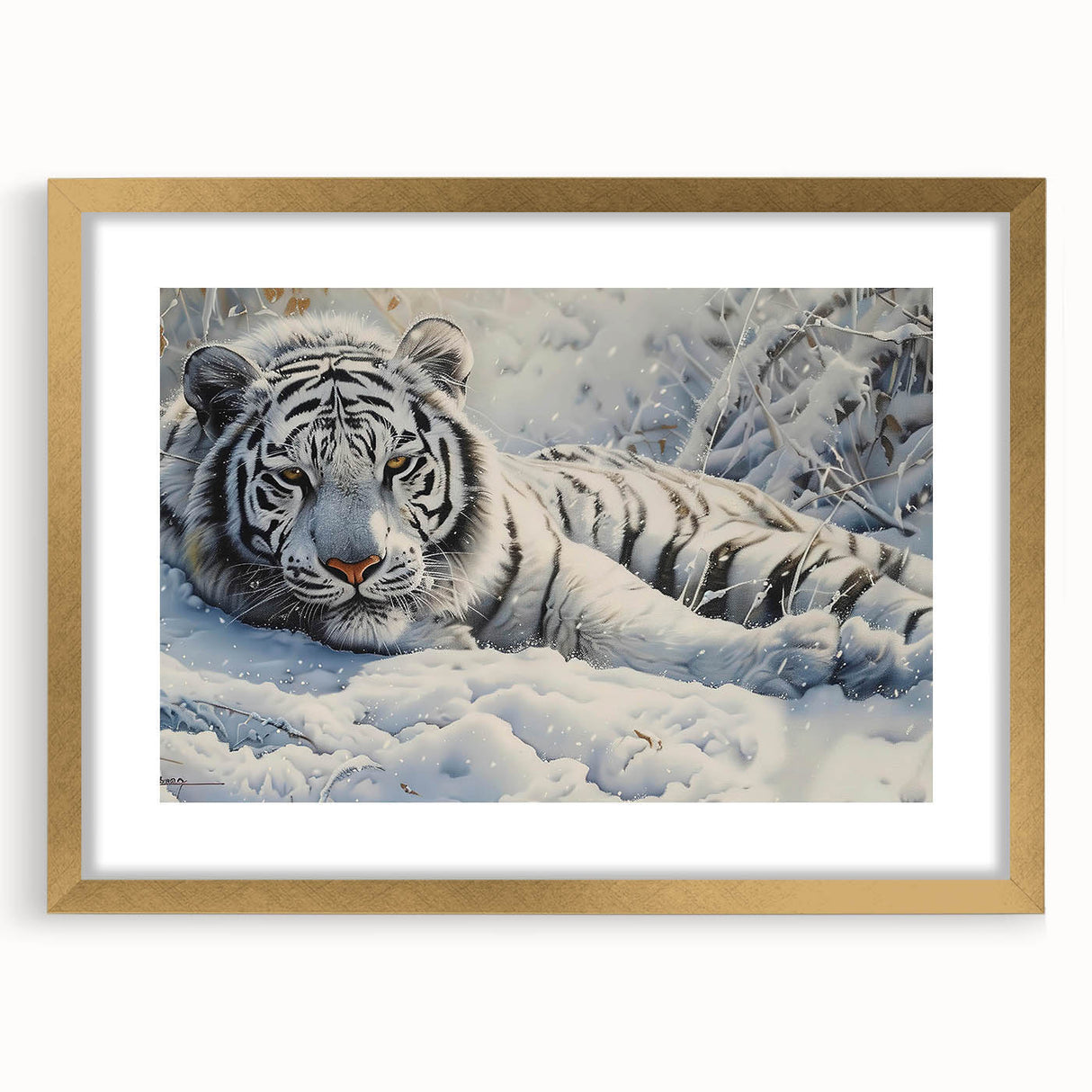 Framed wall art showcasing a striking tiger design, set in a gold frame with a mat, perfect for wildlife enthusiasts and home decor. Ideal for adding elegance and nature-inspired beauty to any room.