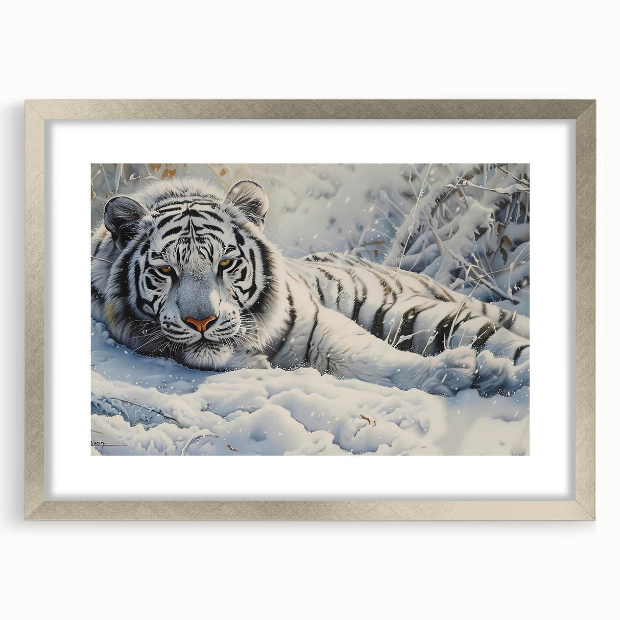 Framed wall art featuring a striking tiger design in vibrant colors, set in a silver frame with a mat, perfect for animal lovers and wildlife enthusiasts.