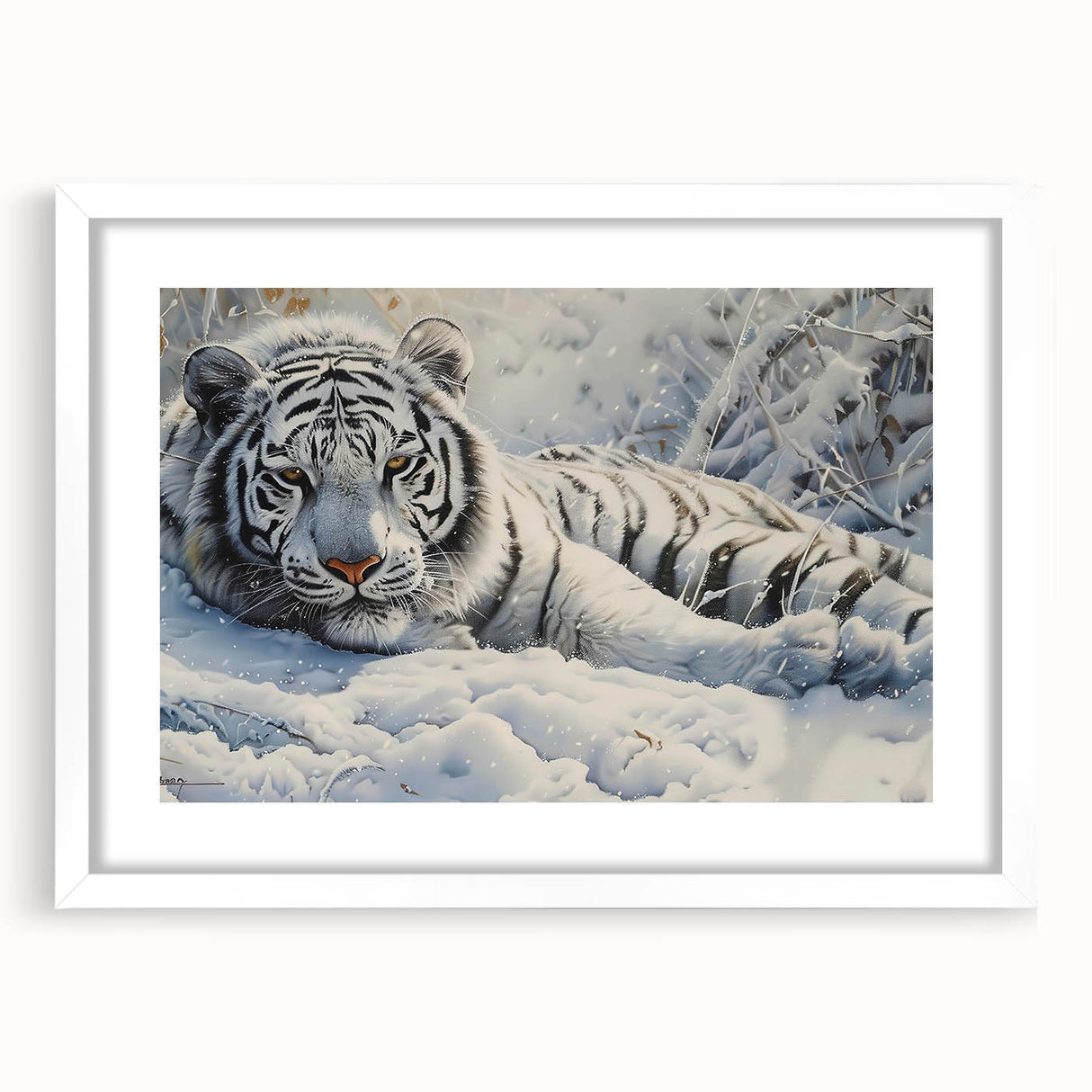 Framed wall art featuring a striking tiger design in vibrant colors, elegantly displayed with a white mat, perfect for wildlife enthusiasts and home decor.