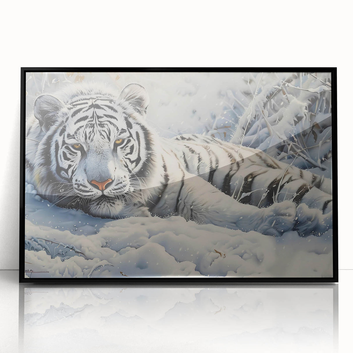 Framed acrylic wall art featuring a striking tiger design, showcasing vivid colors and intricate details, perfect for wildlife enthusiasts and home decor.