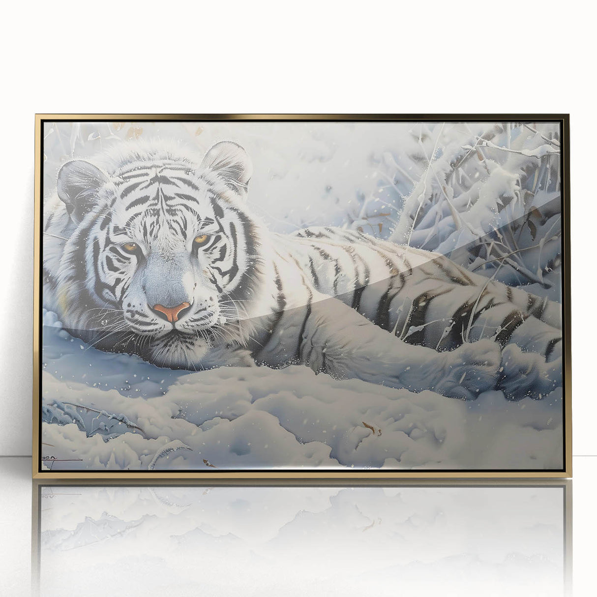 Framed acrylic wall art featuring a striking tiger design with vibrant colors and gold accents. Perfect for animal lovers, this unique piece adds a bold touch to any decor.