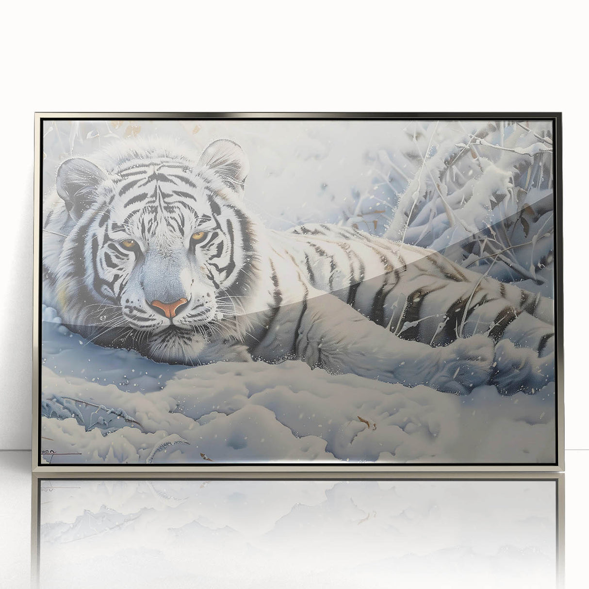 Framed wall art featuring a striking tiger design in vibrant colors, set against a sleek silver frame, perfect for animal lovers and modern decor enthusiasts.