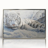 Framed wall art featuring a striking tiger design in vibrant colors, set against a sleek silver frame, perfect for animal lovers and modern decor enthusiasts.