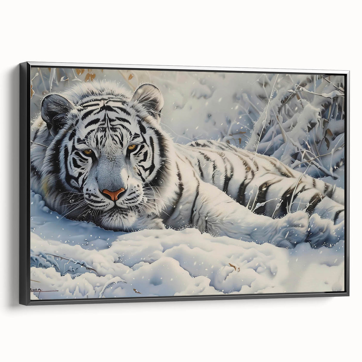 Framed canvas wall art showcasing a striking tiger design in vibrant colors, presented in a black frame, ideal for wildlife enthusiasts and home decor.