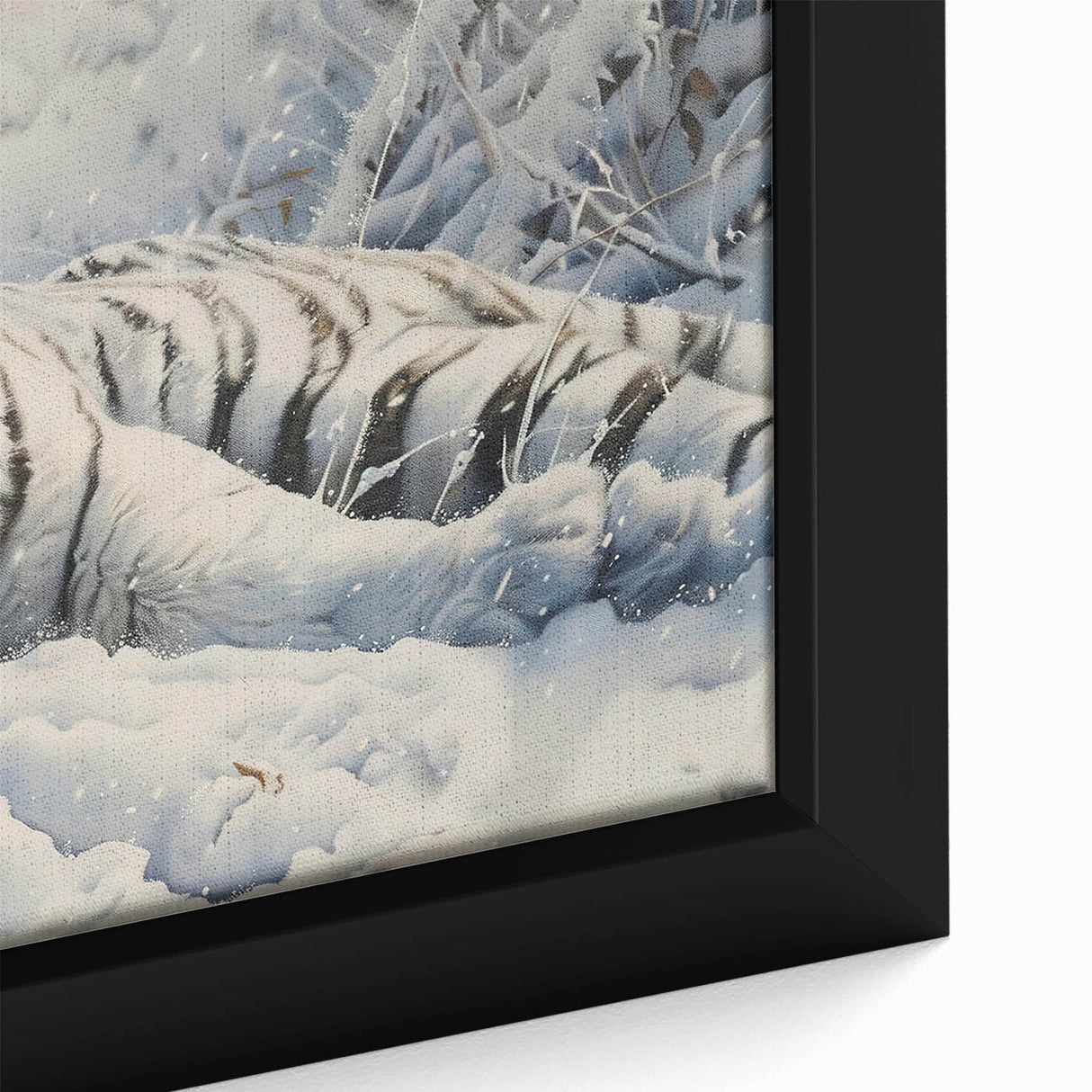 Close-up of a framed canvas wall art featuring a vibrant tiger design, showcasing its striking orange and black stripes against a soft background, perfect for animal lovers and wildlife enthusiasts.