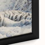 Close-up of a framed canvas wall art featuring a vibrant tiger design, showcasing its striking orange and black stripes against a soft background, perfect for animal lovers and wildlife enthusiasts.