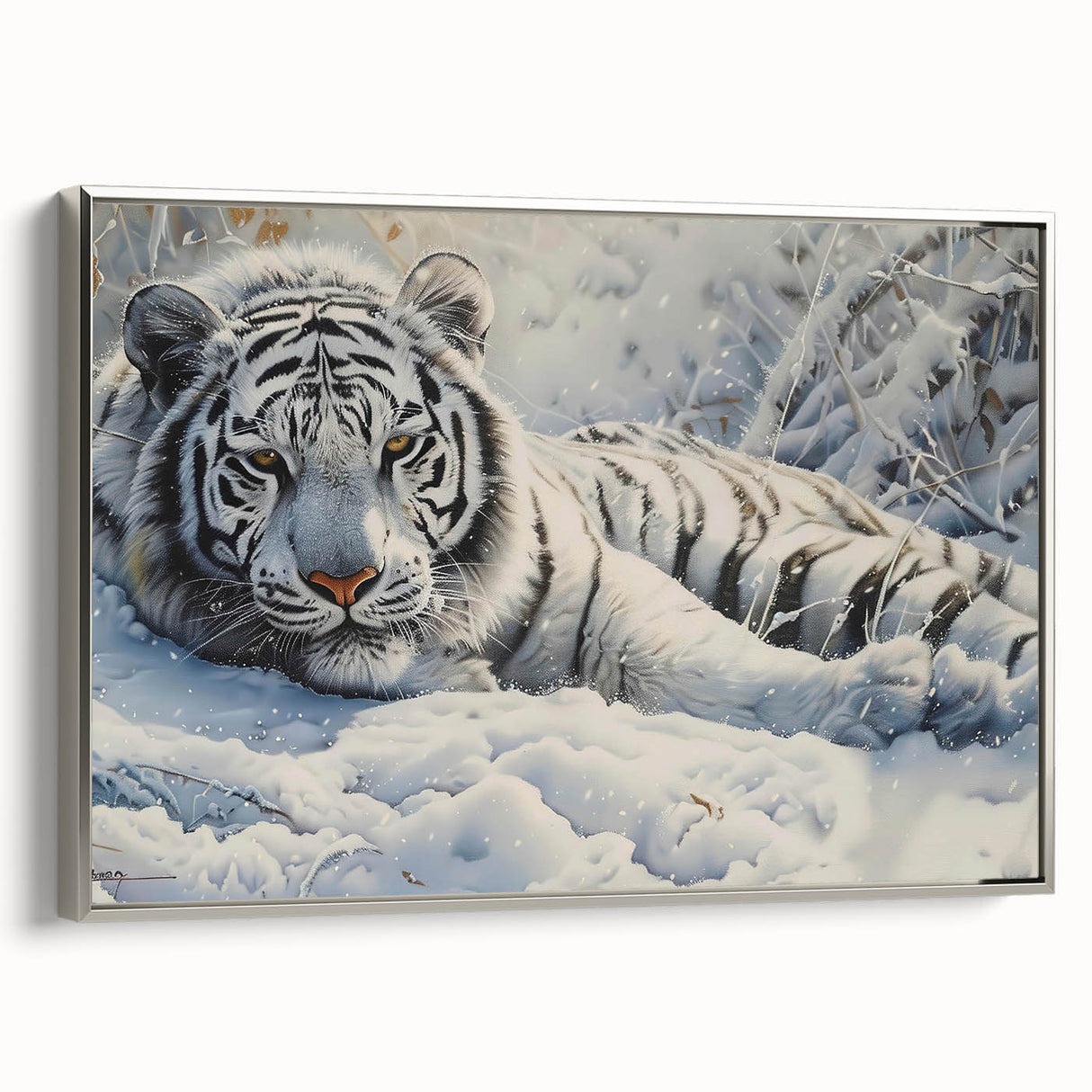Framed canvas wall art featuring a striking silver side view of a majestic tiger, showcasing vibrant colors and intricate details, perfect for wildlife enthusiasts.