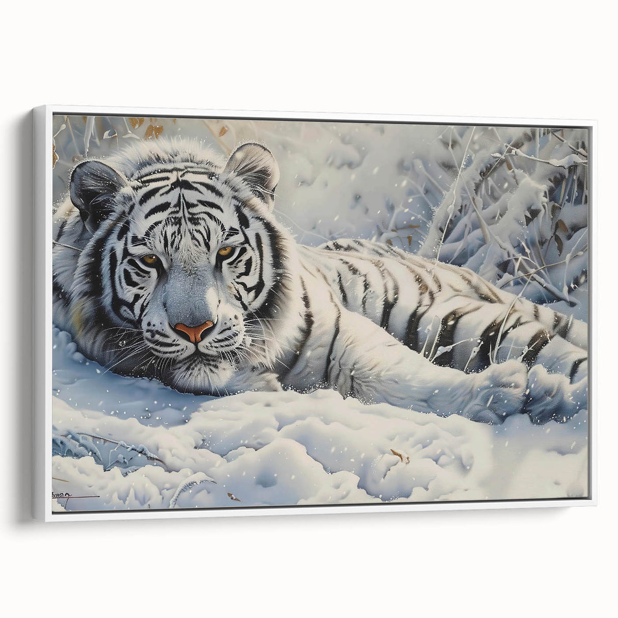 Framed wall art featuring a majestic tiger design in vibrant colors, showcasing intricate details and textures against a white background, perfect for wildlife enthusiasts.