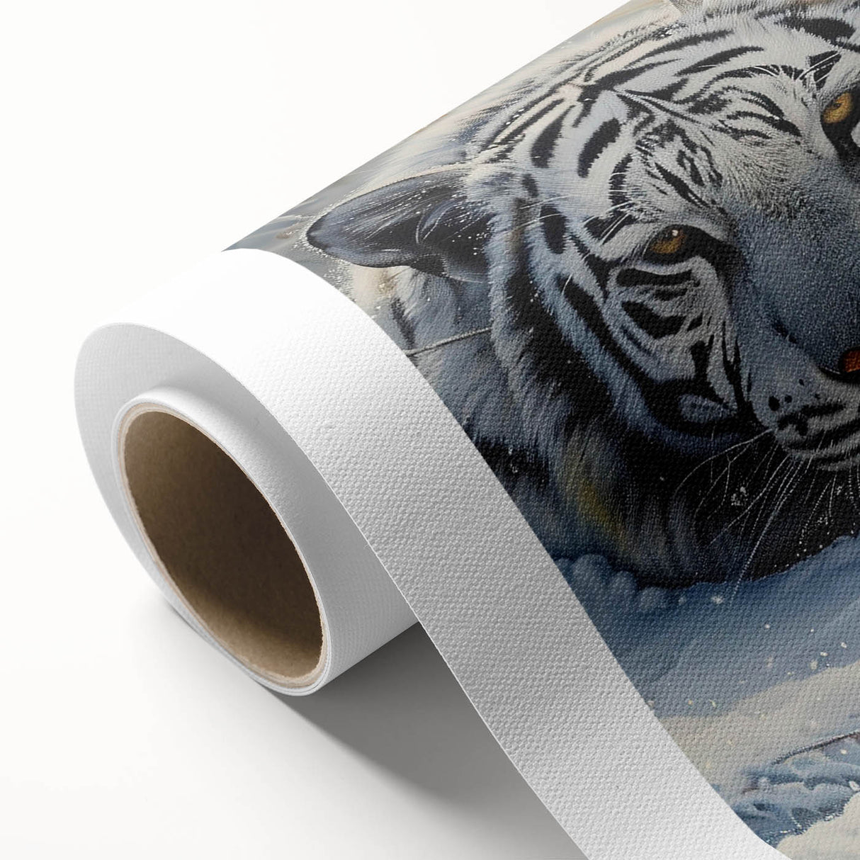 Vibrant rolled canvas wall art featuring a majestic tiger design, showcasing intricate details and bold colors, perfect for wildlife enthusiasts and home decor.