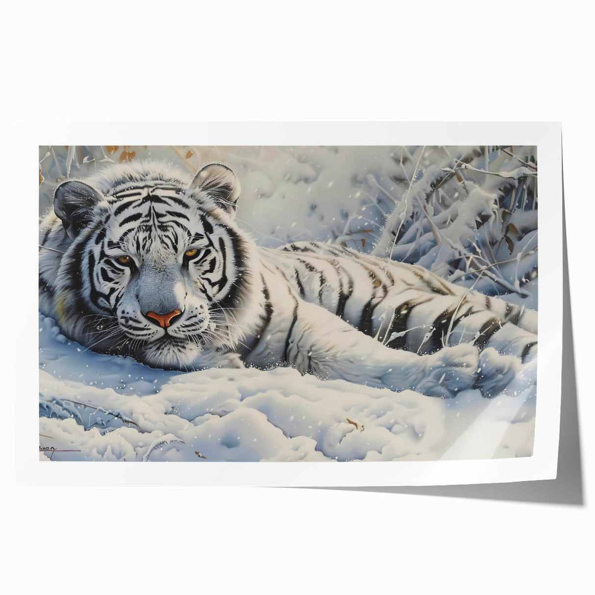 Vibrant wall art print featuring a majestic tiger in its natural habitat, perfect for wildlife enthusiasts. The design emphasizes the tiger's striking orange and black stripes against a lush green background, adding a touch of nature to any space. Ideal for home decor or as a gift for animal lovers.