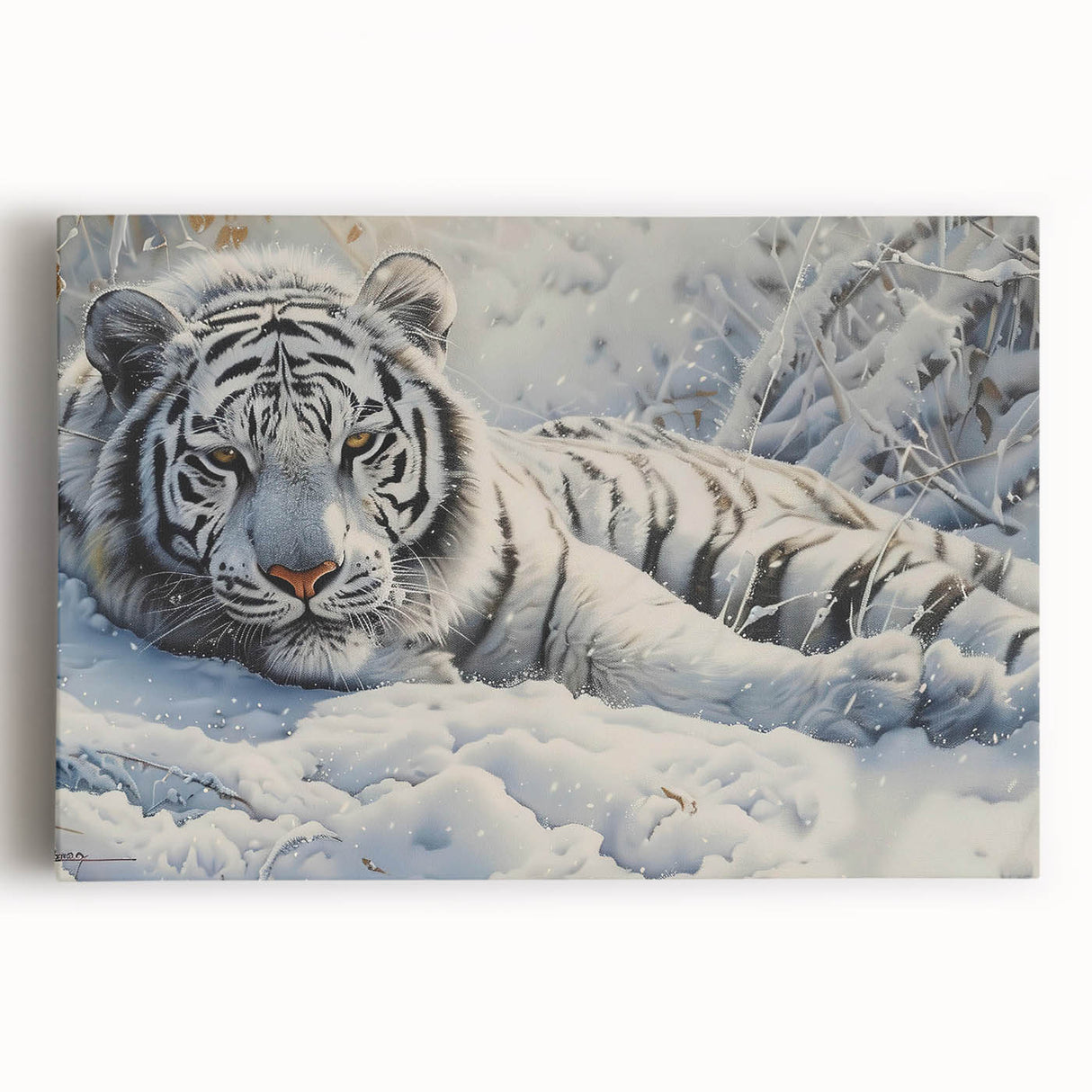 Stretched canvas wall art showcasing a vibrant tiger design in a frontal view, perfect for wildlife enthusiasts seeking bold home decor with animal themes.