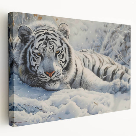 Stretched canvas wall art showcasing a majestic side view of a tiger, featuring vibrant colors and intricate details, perfect for wildlife enthusiasts' decor.