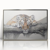 Framed wall art featuring a striking silver-accented tiger design, showcasing vibrant colors and intricate details, ideal for wildlife enthusiasts' decor.
