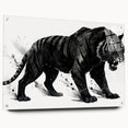 Close-up of a vibrant acrylic wall art piece featuring a majestic tiger design, showcasing intricate details and colors, displayed with pins against a sleek backdrop.
