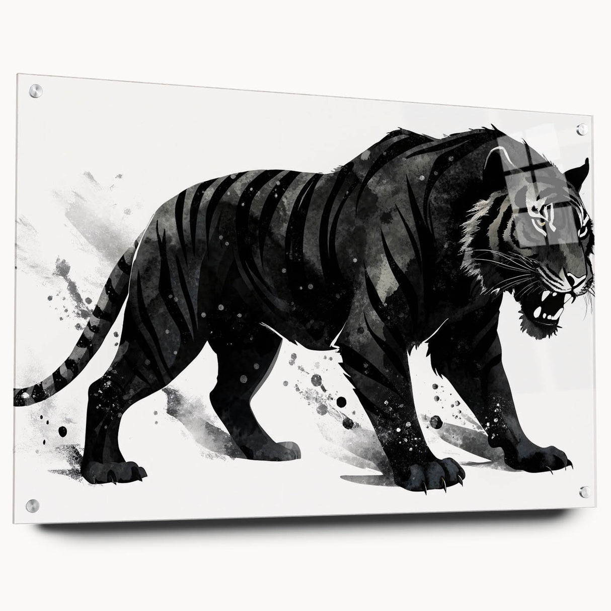 Close-up of a vibrant acrylic wall art piece featuring a majestic tiger design, showcasing intricate details and colors, displayed with pins against a sleek backdrop.