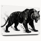 Close-up of a vibrant acrylic wall art piece featuring a majestic tiger design, showcasing intricate details and colors, displayed with pins against a sleek backdrop.
