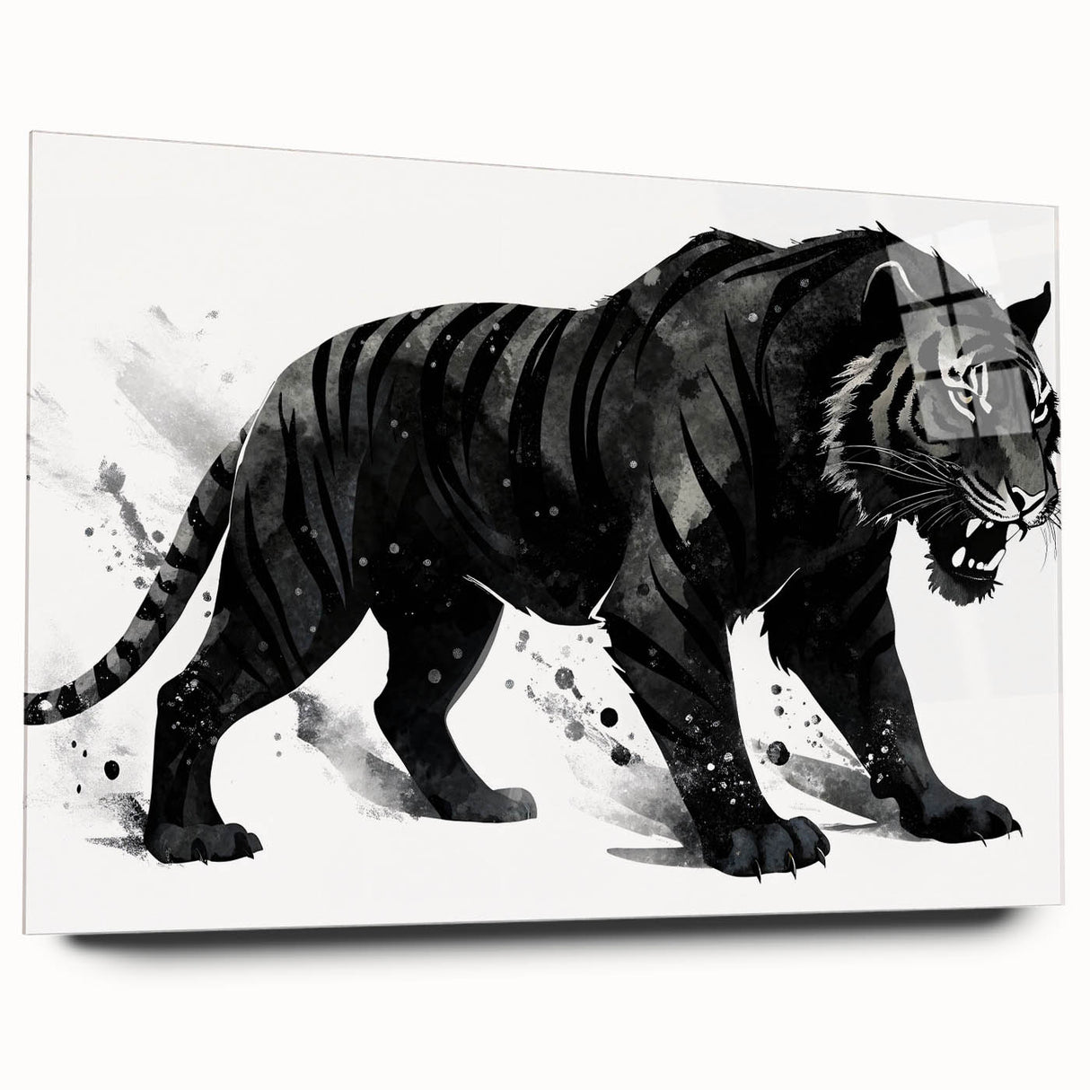 Side view of a stunning acrylic glass wall art featuring a vibrant tiger design, showcasing intricate details and bold colors, perfect for wildlife enthusiasts.