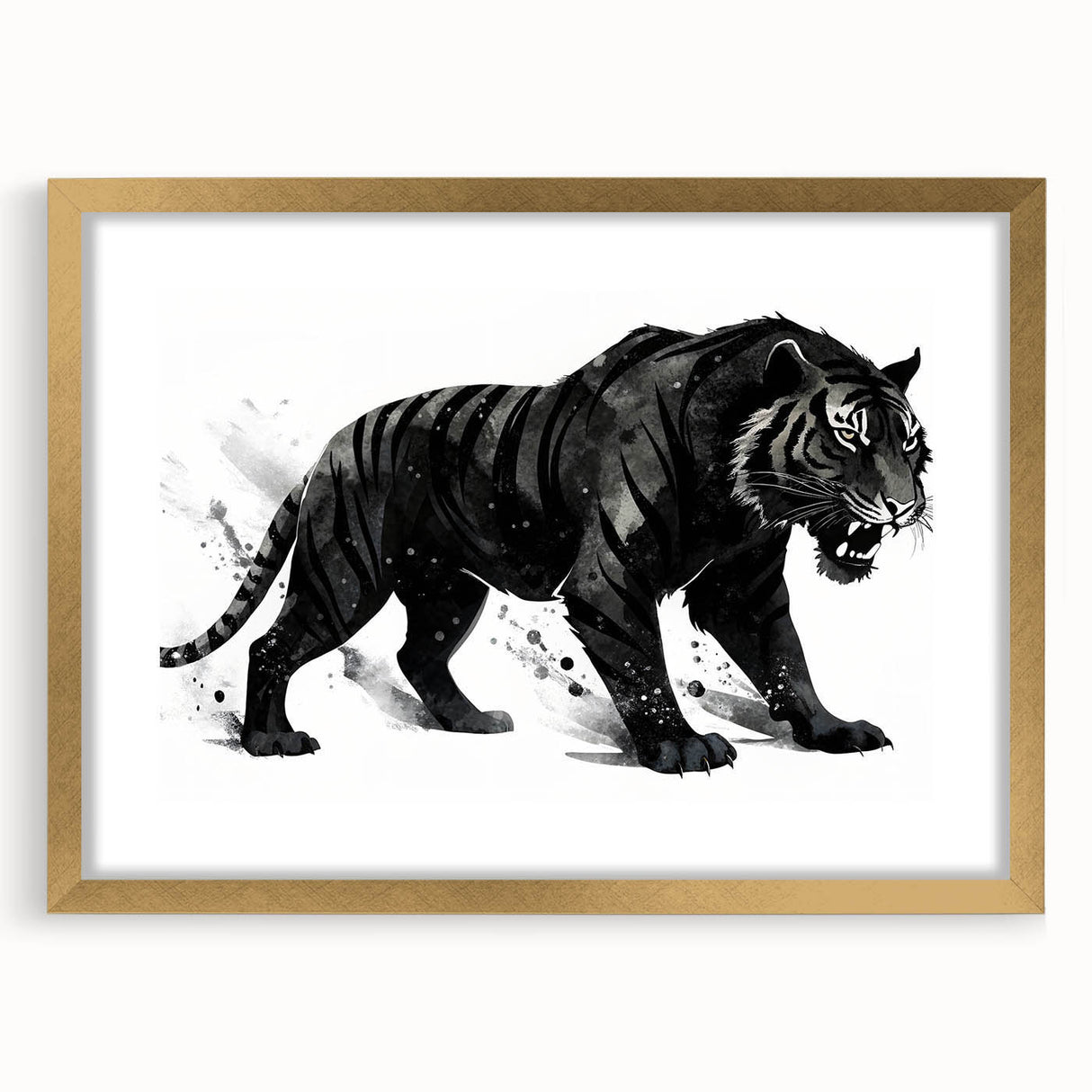 Gold-framed wall art featuring a striking tiger design, showcasing vibrant colors and intricate details, perfect for wildlife enthusiasts and home decor.