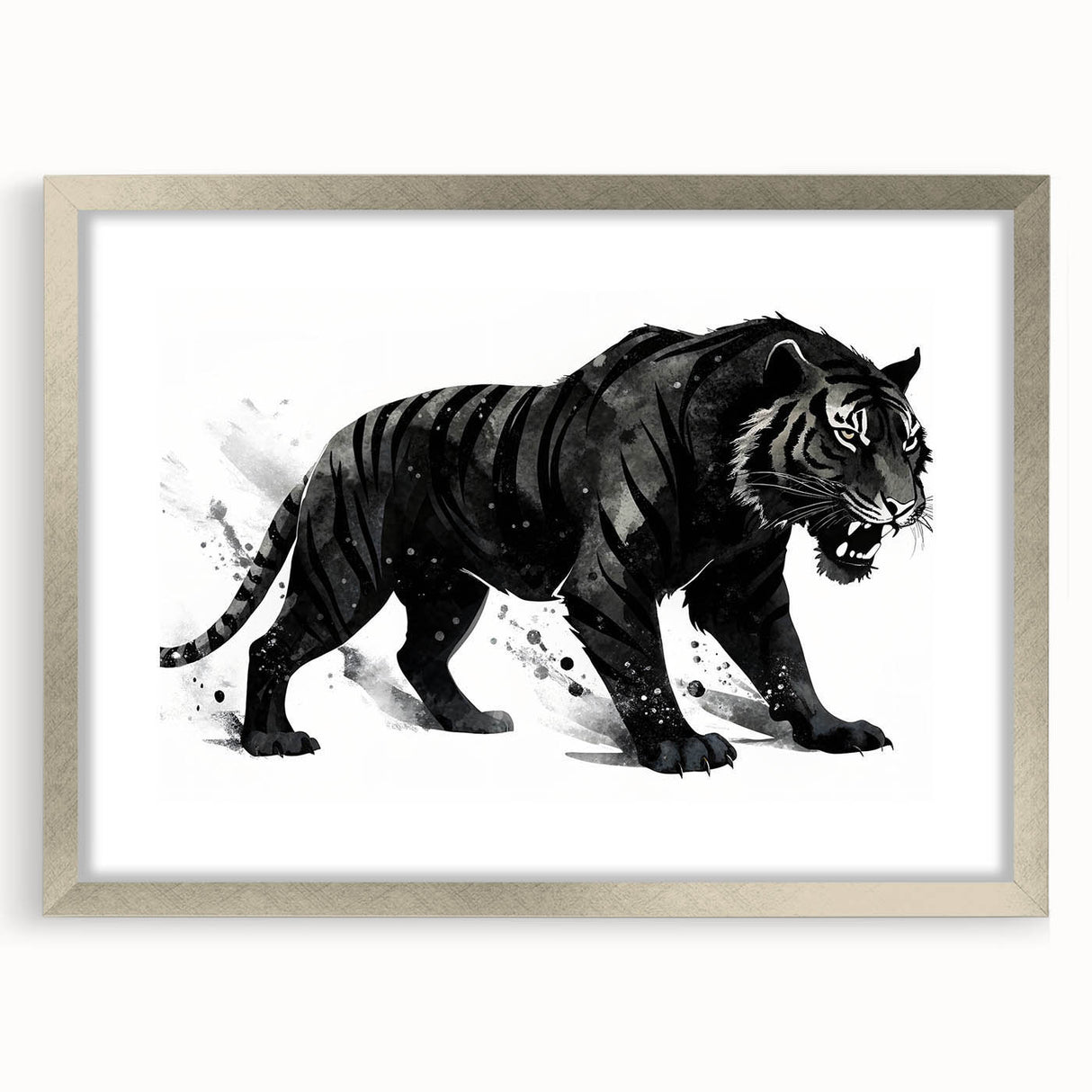 Framed wall art showcasing a striking tiger design in vibrant colors, set against a silver mat, perfect for enhancing home decor with wildlife-inspired elegance.
