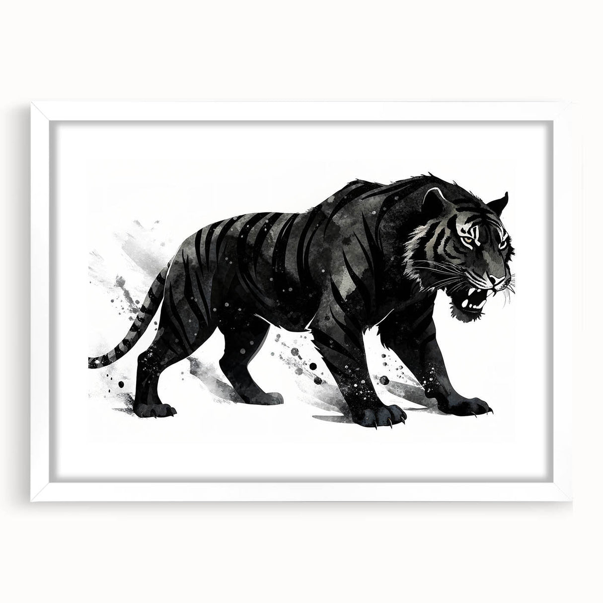 Framed wall art showcasing a striking tiger design from the "Animals A Wild Life" collection, featuring a white mat and a sleek black frame, ideal for animal lovers and home decor enthusiasts.