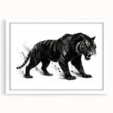 Framed wall art showcasing a striking tiger design from the "Animals A Wild Life" collection, featuring a white mat and a sleek black frame, ideal for animal lovers and home decor enthusiasts.