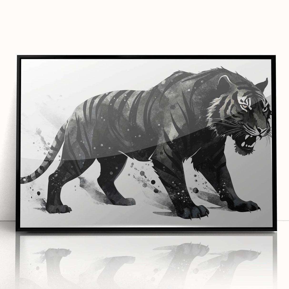Framed wall art showcasing a striking tiger design in vibrant colors, featuring a sleek black frame that enhances the artwork's bold presence, perfect for wildlife enthusiasts.