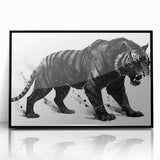Framed wall art showcasing a striking tiger design in vibrant colors, featuring a sleek black frame that enhances the artwork's bold presence, perfect for wildlife enthusiasts.