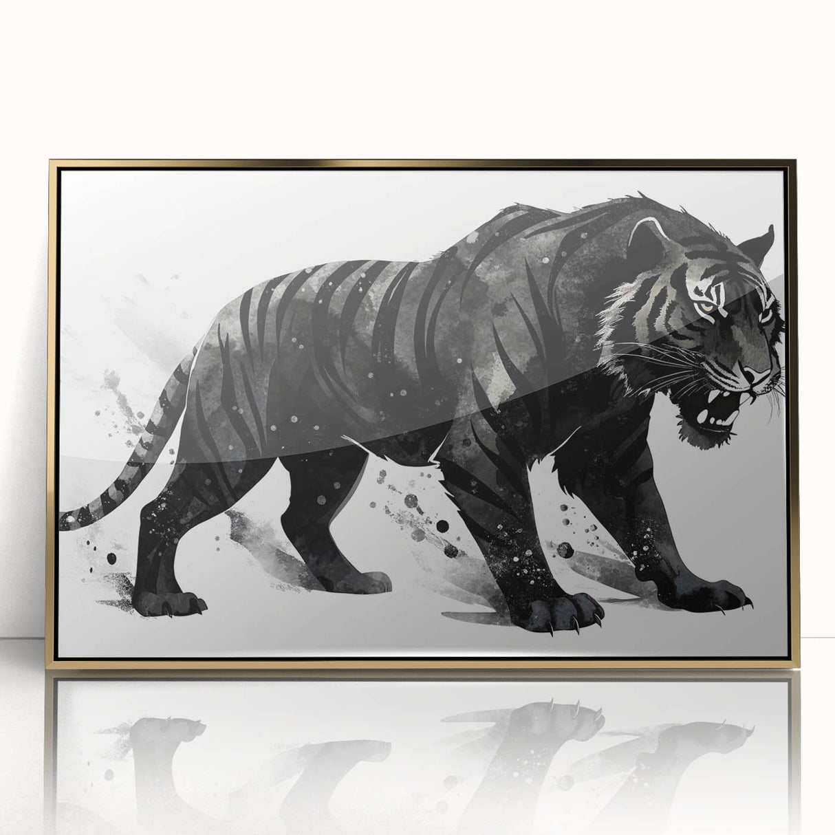 Framed wall art featuring a striking tiger design in gold accents, showcasing the majestic animal's front view against a sleek backdrop, perfect for wildlife enthusiasts.