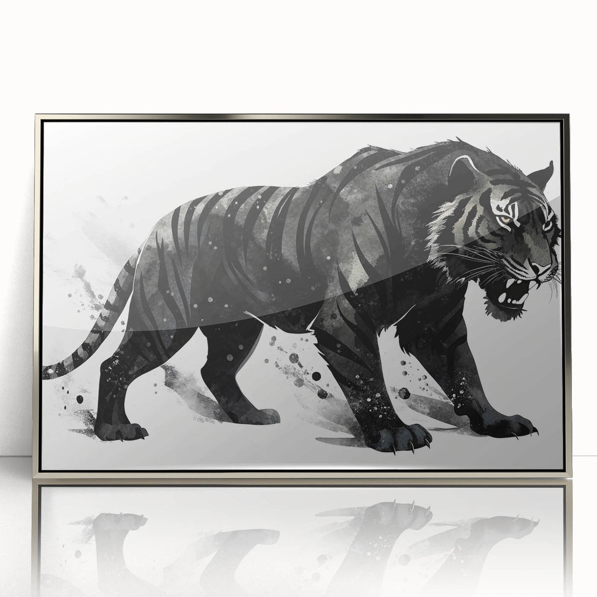 Framed wall art featuring a striking tiger design with vibrant colors, set in a sleek silver frame, showcasing wildlife artistry for home decor enthusiasts. This acrylic piece captures the majestic essence of tigers, perfect for nature lovers and interior design.