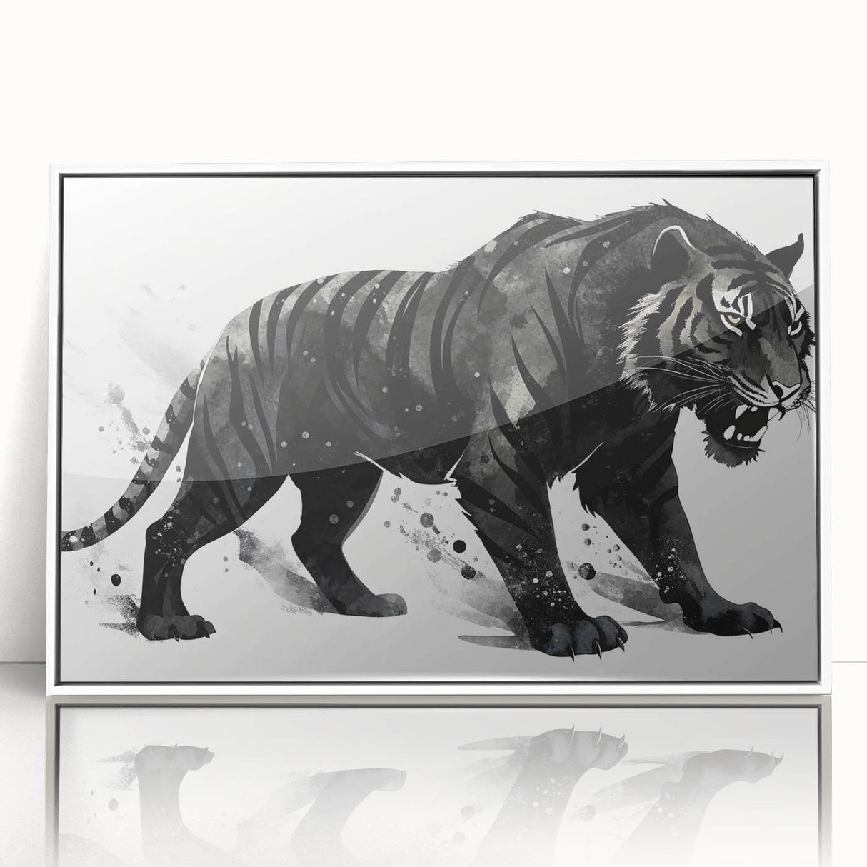 Framed wall art featuring a vibrant tiger design, showcasing intricate details and bold colors against a white background, perfect for wildlife enthusiasts and modern decor.