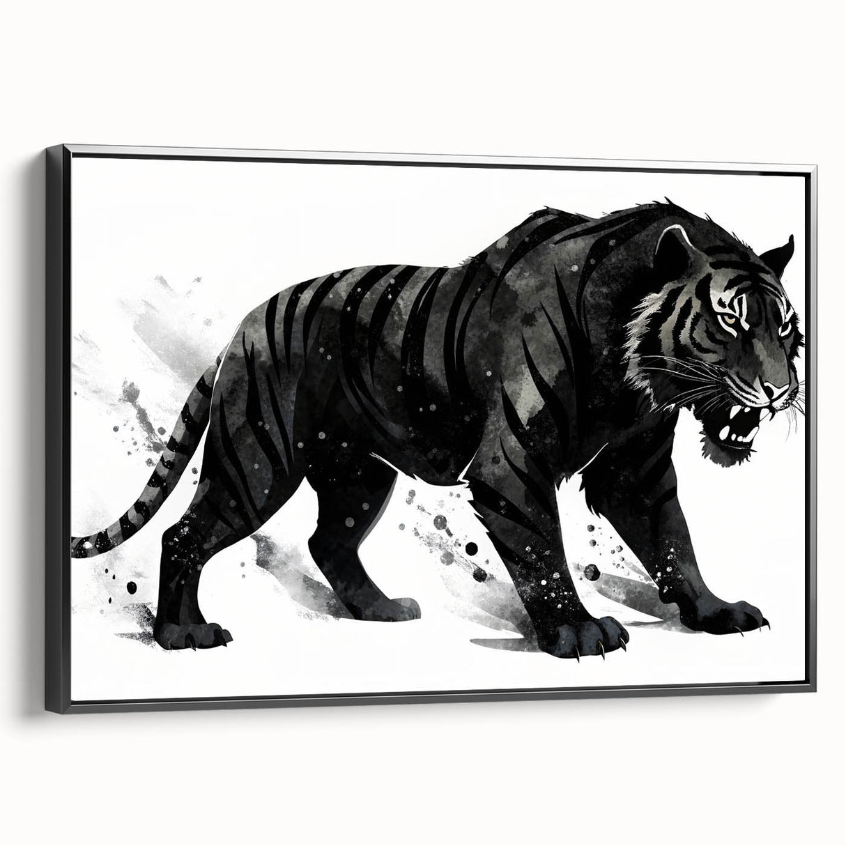 Framed canvas wall art showcasing a striking tiger design with vibrant orange and black stripes on a neutral background, ideal for wildlife enthusiasts and modern decor.